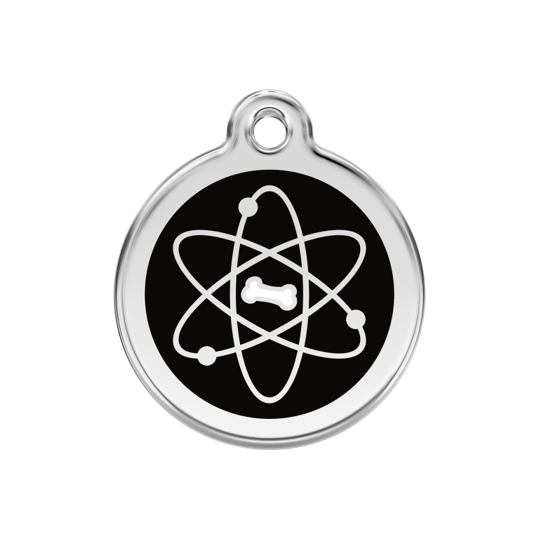 Vue avant - Médaille personnalisée pour chien ou chat Red Dingo Émail et acier inoxydable - Motif Atome - Noir - Talla M