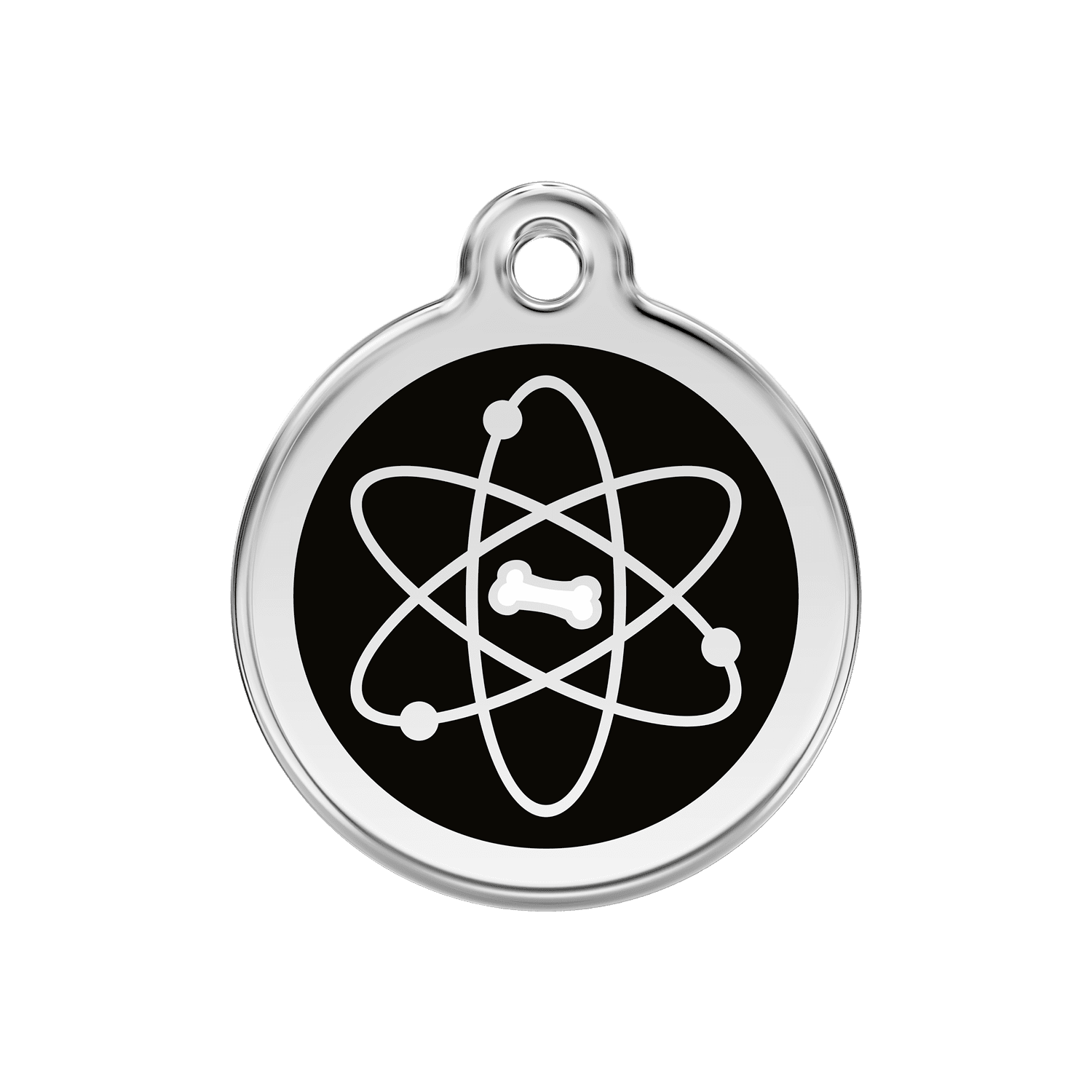 Vue avant - Médaille personnalisée pour chien ou chat Red Dingo Émail et acier inoxydable - Motif Atome - Noir - Talla M