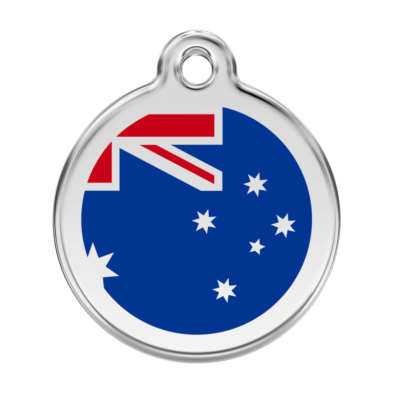 Vue avant - Médaille personnalisée pour chien Red Dingo Émail et acier inoxydable Drapeau australien Bleu foncé - Talla L