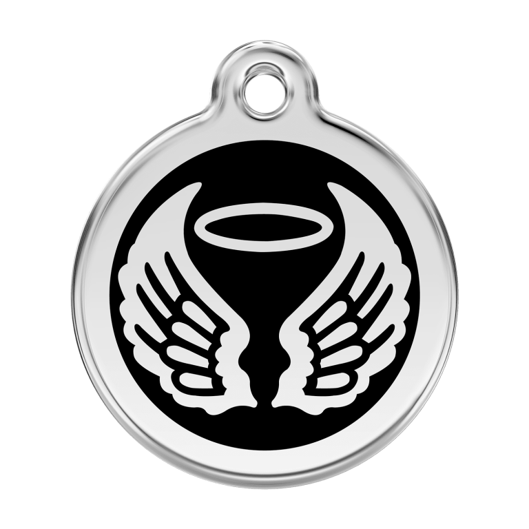 Vue avant - Médaille personnalisable pour chien Red Dingo Émail et acier inoxydable - Ailes d'anges - Noir - Talla L