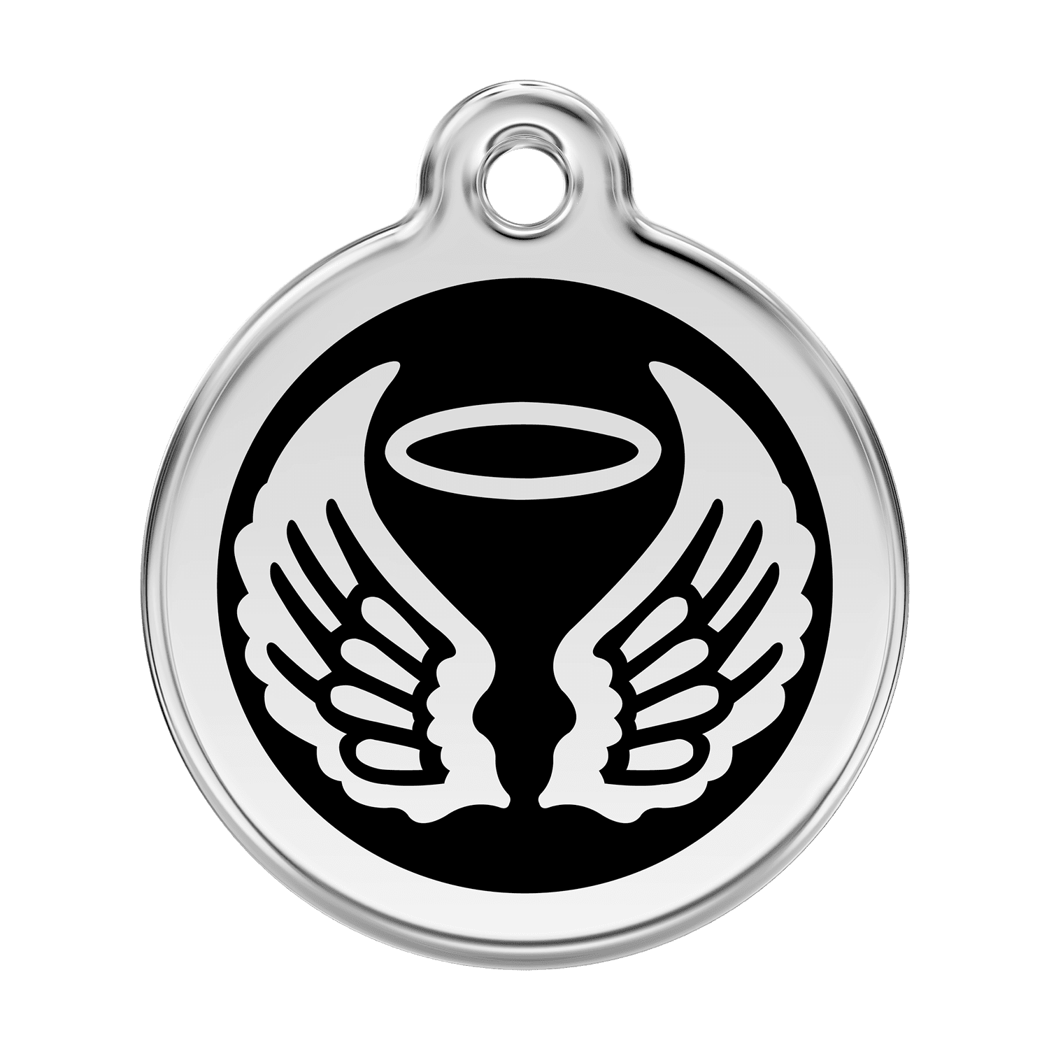 Vue avant - Médaille personnalisable pour chien Red Dingo Émail et acier inoxydable - Ailes d'anges - Noir - Talla L