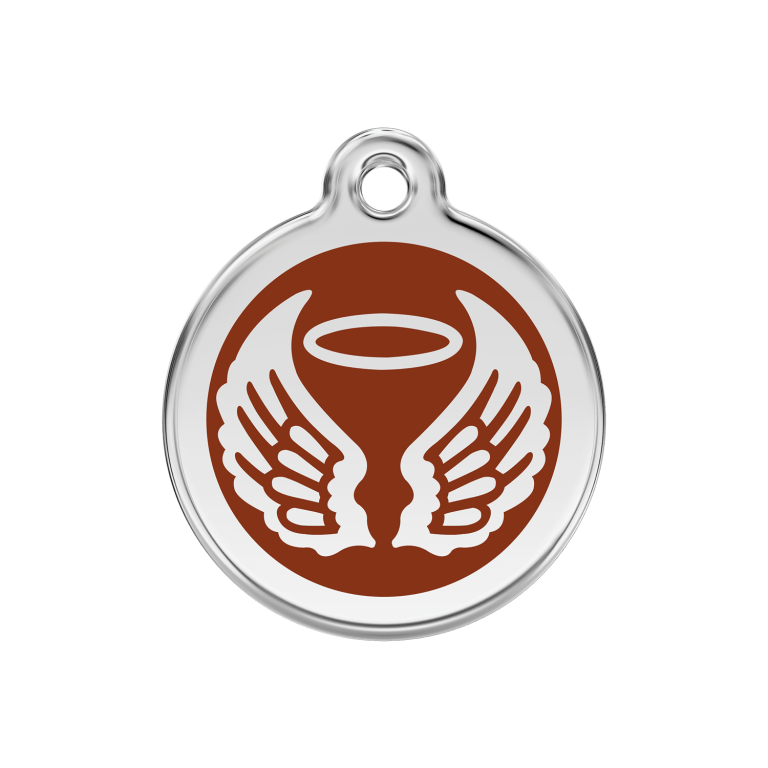 Vue avant - Médaille personnalisée pour chien Red Dingo Émail et acier inoxydable - Ailes d'anges - Brun - Talla M