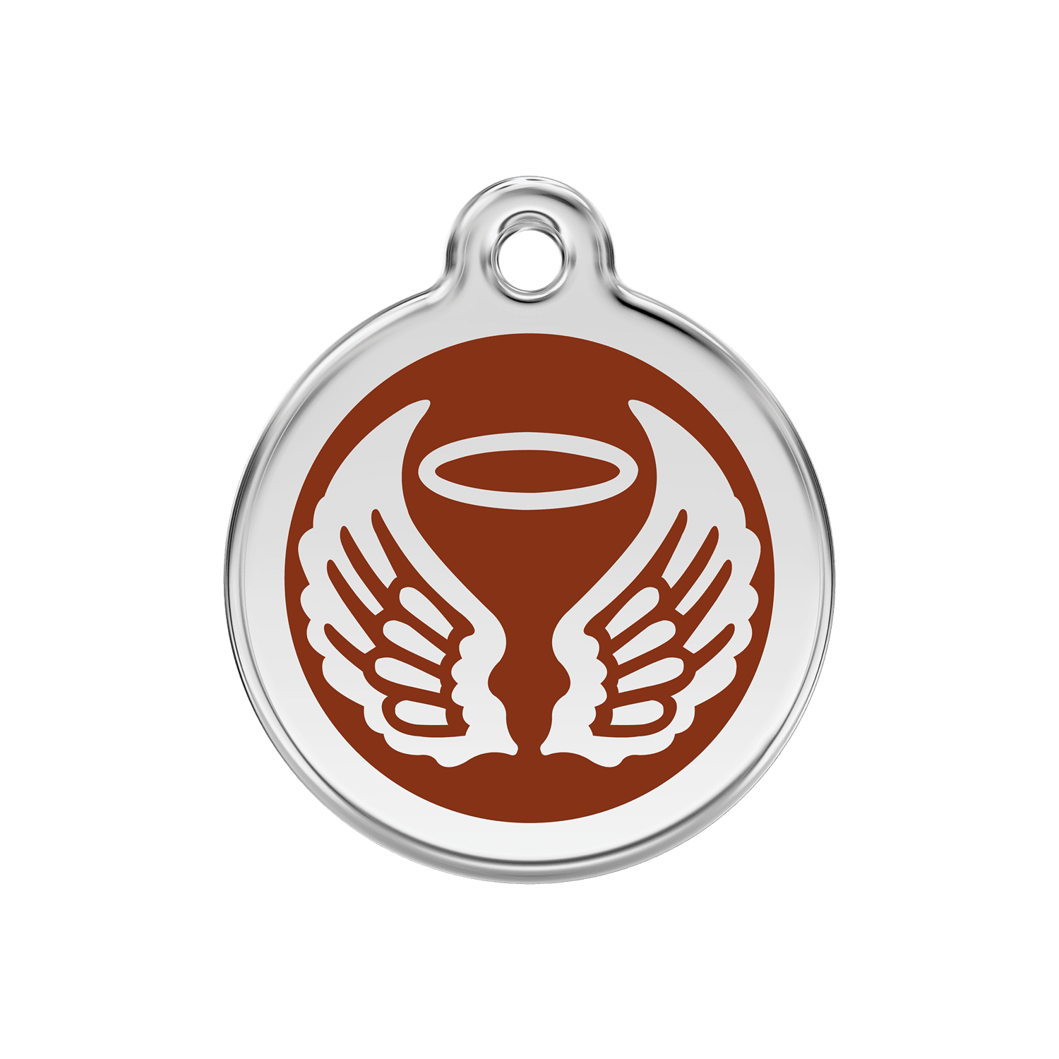 Vue avant - Médaille personnalisée pour chien Red Dingo Émail et acier inoxydable - Ailes d'anges - Brun - Talla M