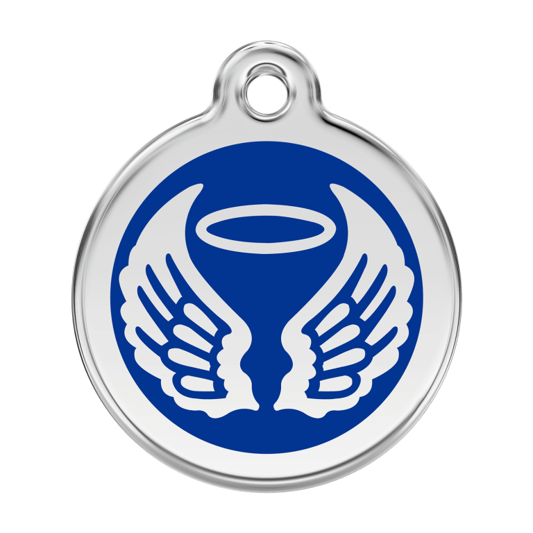 Vue avant - Médaille personnalisable pour chien Red Dingo Émail et acier inoxydable - Ailes d'anges - Bleu foncé - Talla L