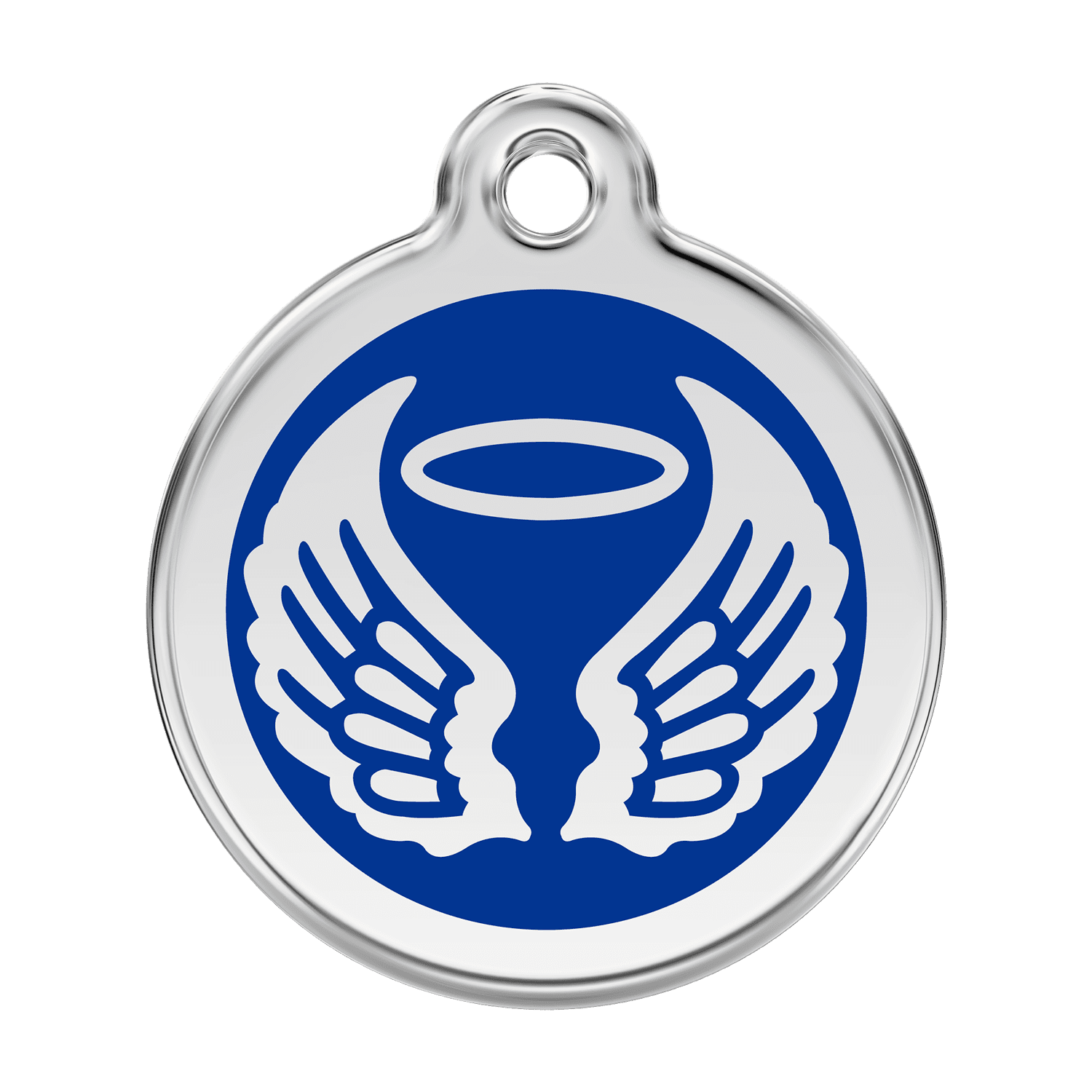 Vue avant - Médaille personnalisable pour chien Red Dingo Émail et acier inoxydable - Ailes d'anges - Bleu foncé - Talla L