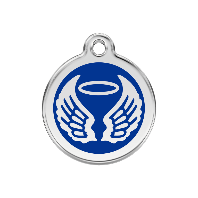 Vue avant - Médaille personnalisée pour chien ou chat Red Dingo Émail et acier inoxydable - Ailes d'anges - Bleu foncé - Talla M