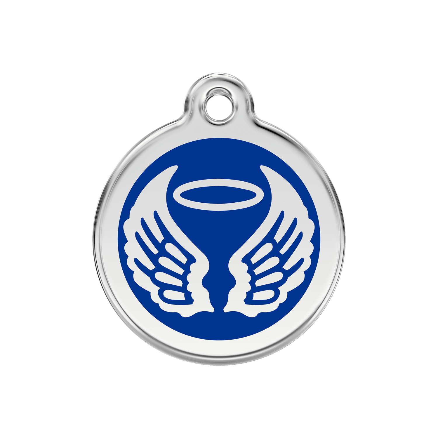 Vue avant - Médaille personnalisée pour chien ou chat Red Dingo Émail et acier inoxydable - Ailes d'anges - Bleu foncé - Talla M