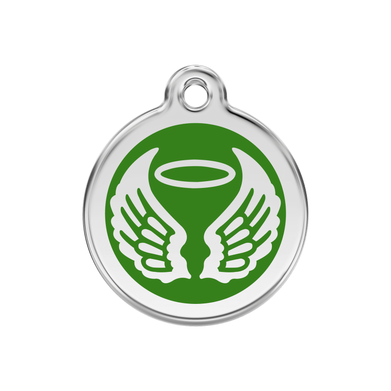 Vue avant - Médaille personnalisée pour chien ou chat - Red Dingo Émail et acier inoxydable - Ailes d'anges - Vert - Talla M