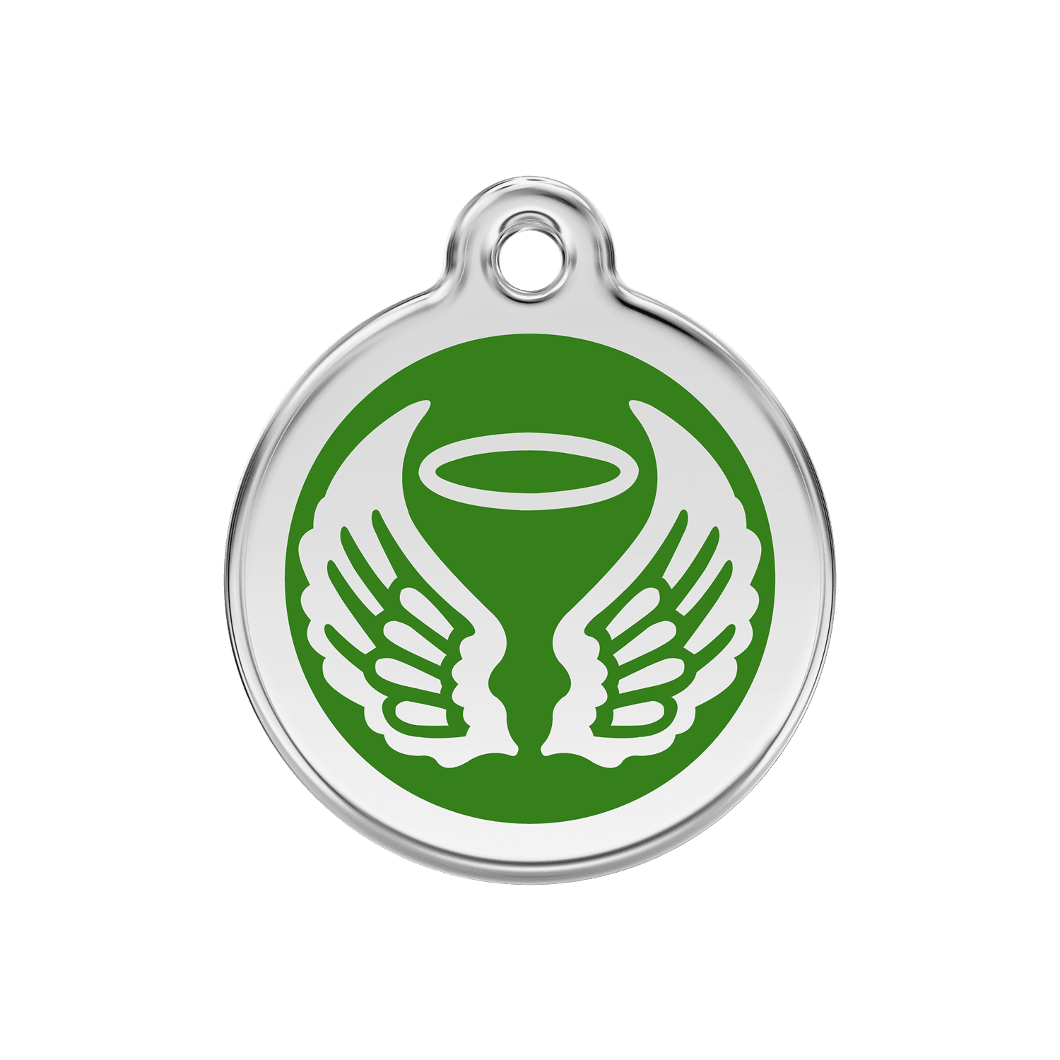 Vue avant - Médaille personnalisée pour chien ou chat - Red Dingo Émail et acier inoxydable - Ailes d'anges - Vert - Talla M