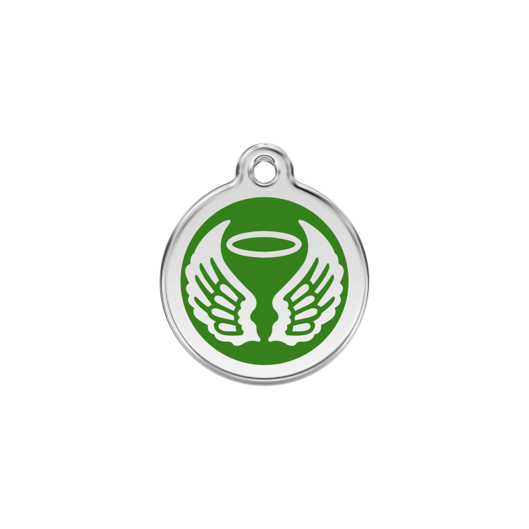 Vue avant - Médaille personnalisable pour chien/chat Red Dingo Émail/Acier inoxydable - Ailes d'anges Vert - Talla S