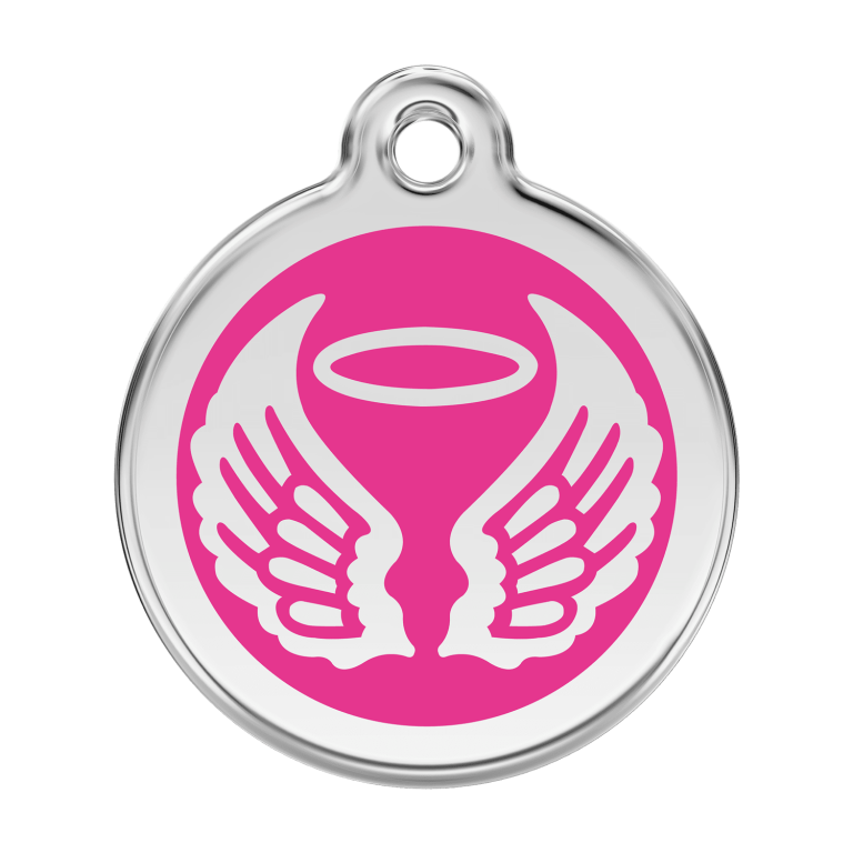 Vue avant - Médaille personnalisée Red Dingo Émail et acier inoxydable - Ailes d'anges - Rose vif - Talla L