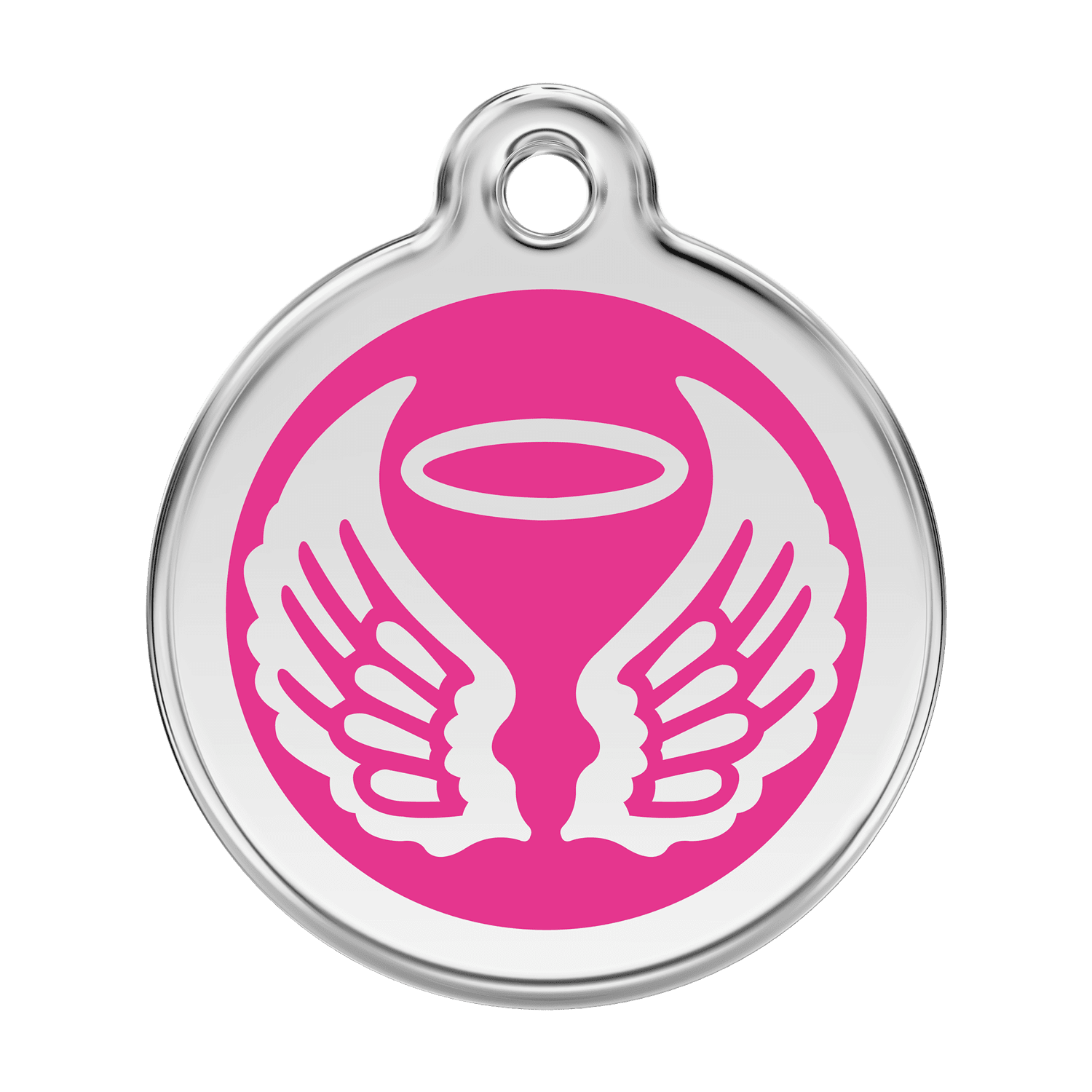 Vue avant - Médaille personnalisée Red Dingo Émail et acier inoxydable - Ailes d'anges - Rose vif - Talla L