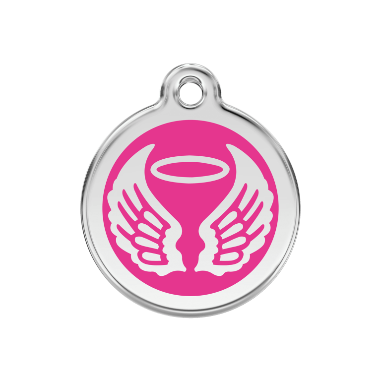 Vue avant - Médaille personnalisable pour chien Red Dingo Émail et acier inoxydable - Ailes d'anges - Rose vif - Talla M
