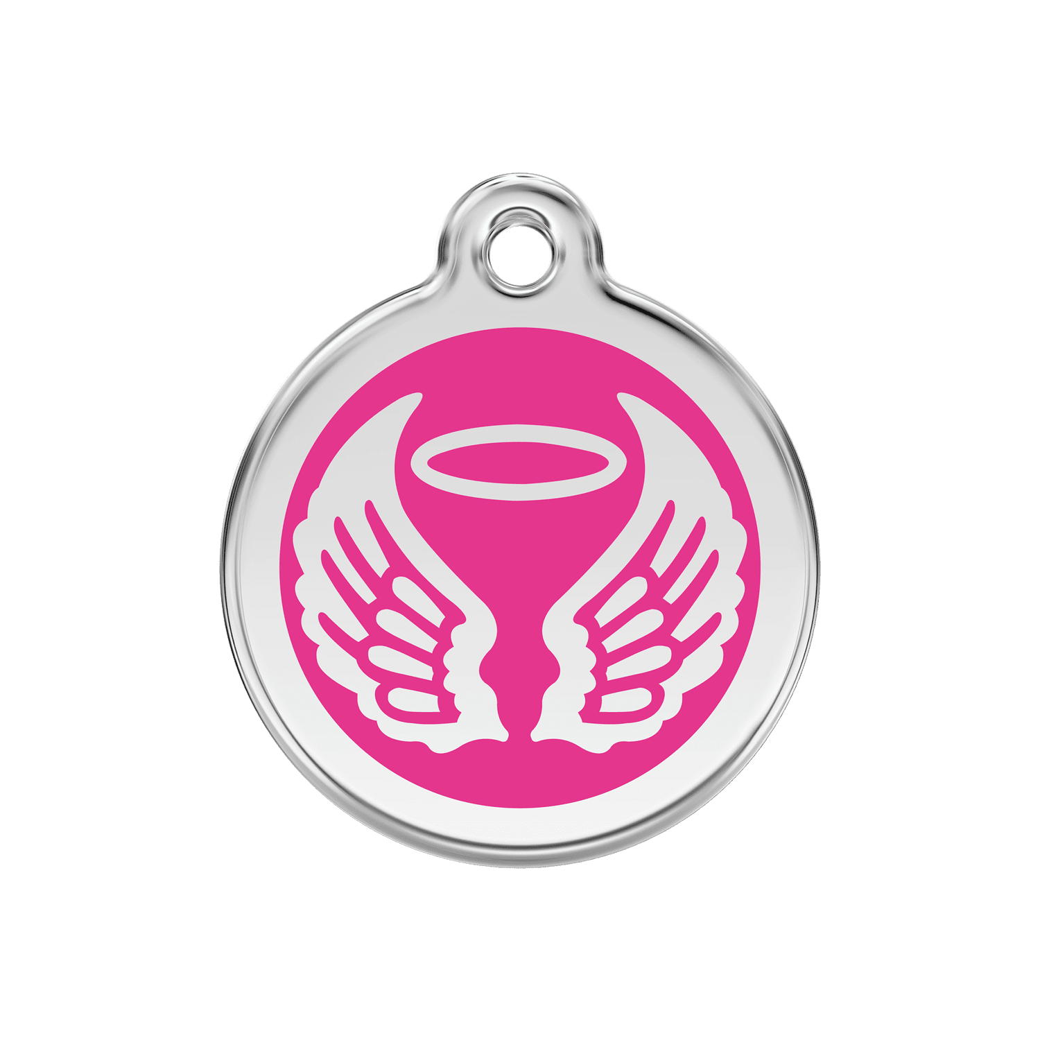 Vue avant - Médaille personnalisable pour chien Red Dingo Émail et acier inoxydable - Ailes d'anges - Rose vif - Talla M