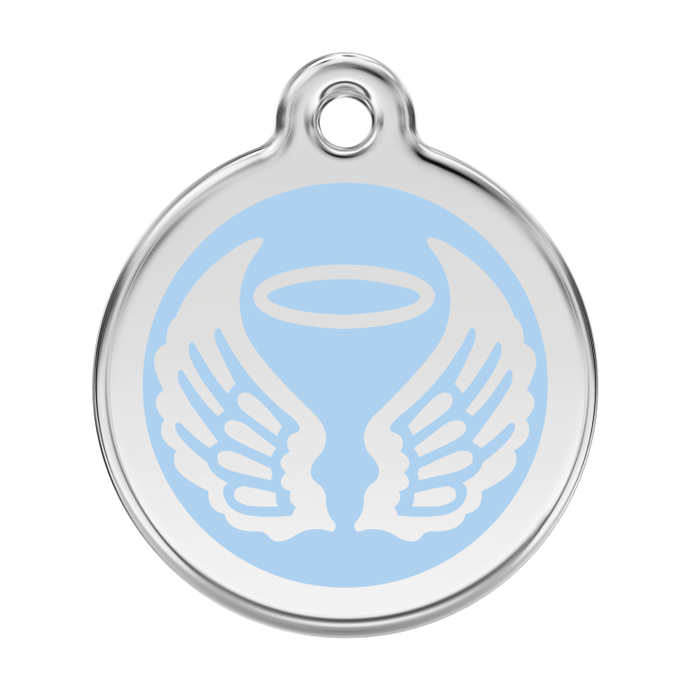 Vue avant - Médaille personnalisée pour chien Red Dingo Émail et acier inoxydable - Ailes d'anges - Bleu clair - Talla L