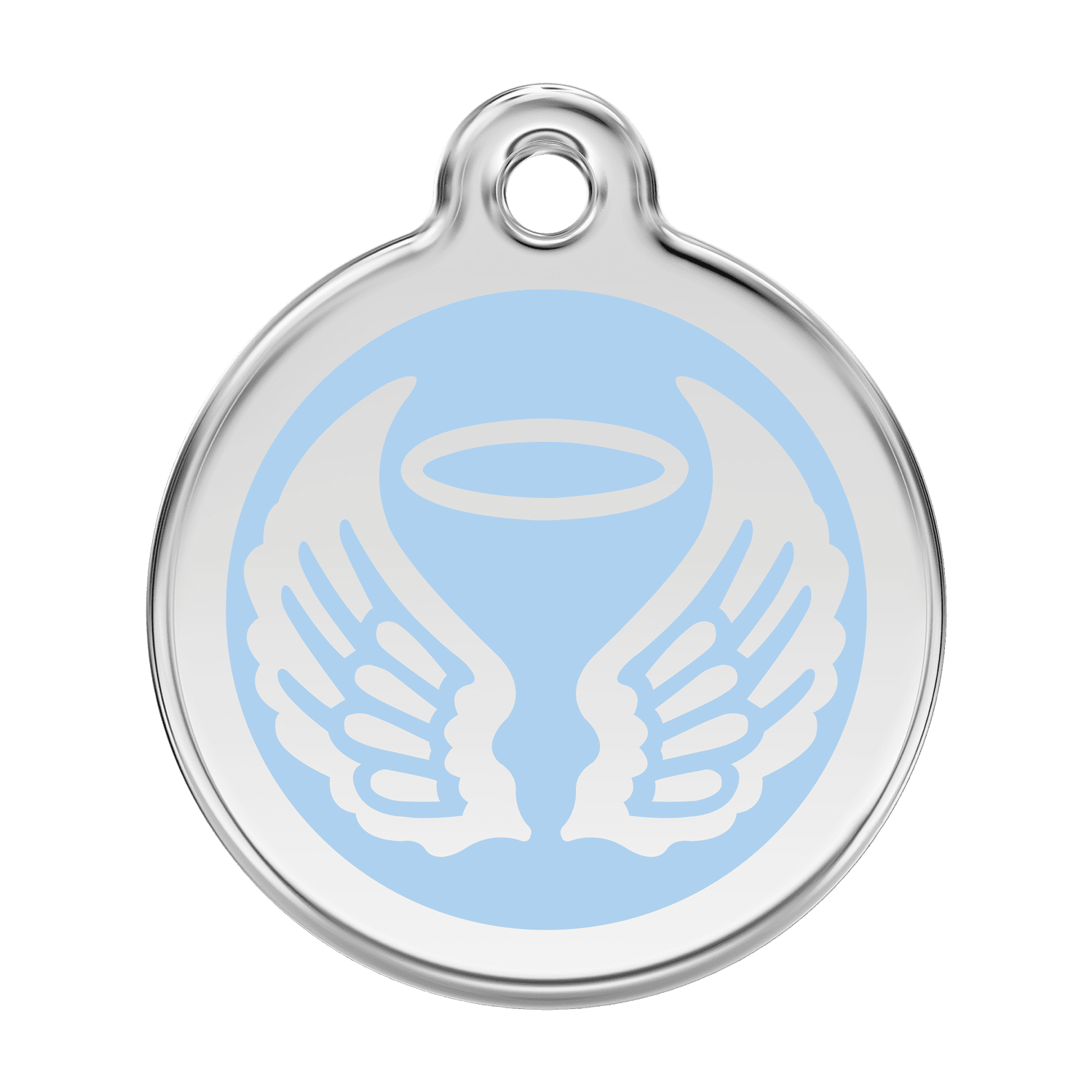 Vue avant - Médaille personnalisée pour chien Red Dingo Émail et acier inoxydable - Ailes d'anges - Bleu clair - Talla L