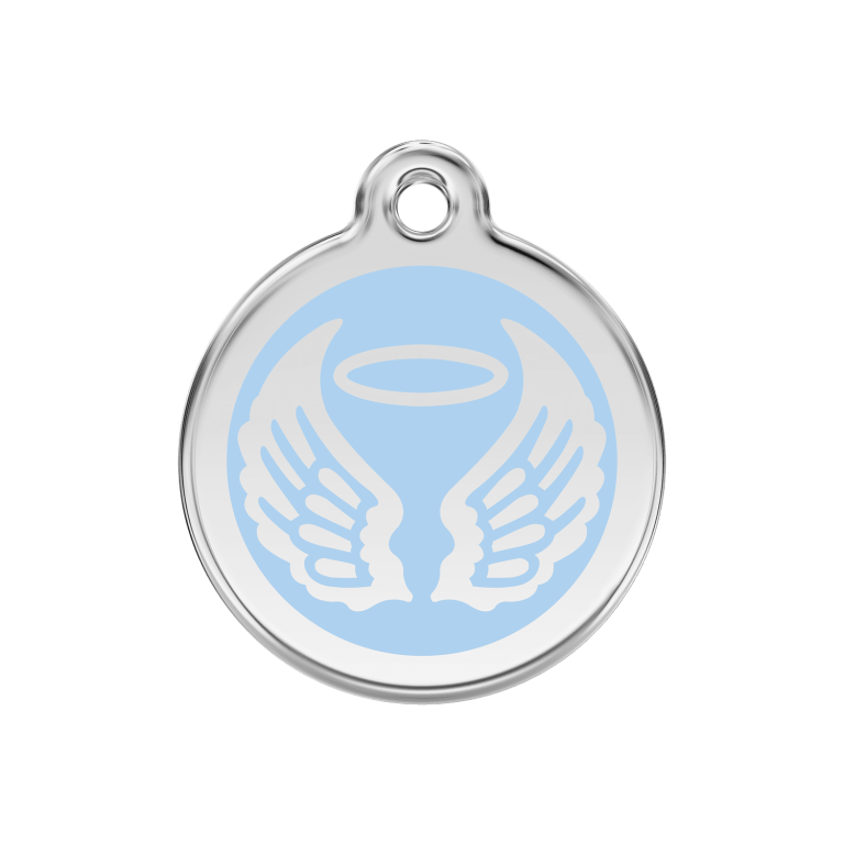 Vue avant - Médaille personnalisée pour chien Red Dingo Émail et acier inoxydable - Ailes d'anges - Bleu clair - Talla M