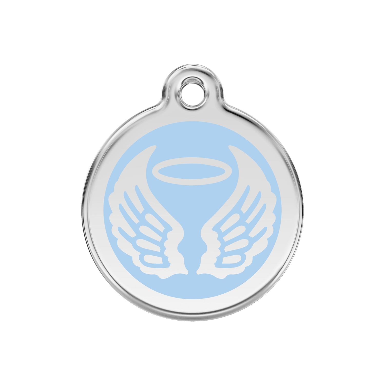 Vue avant - Médaille personnalisée pour chien Red Dingo Émail et acier inoxydable - Ailes d'anges - Bleu clair - Talla M