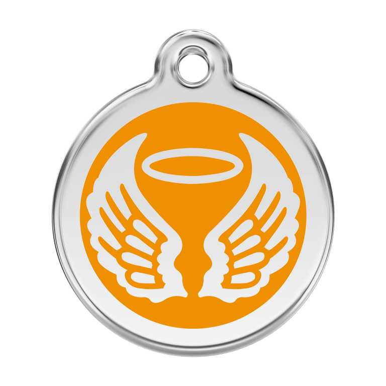Vue avant - Médaille personnalisable pour chien Red Dingo Émail et acier inoxydable - Ailes d'anges - Orange - Talla L