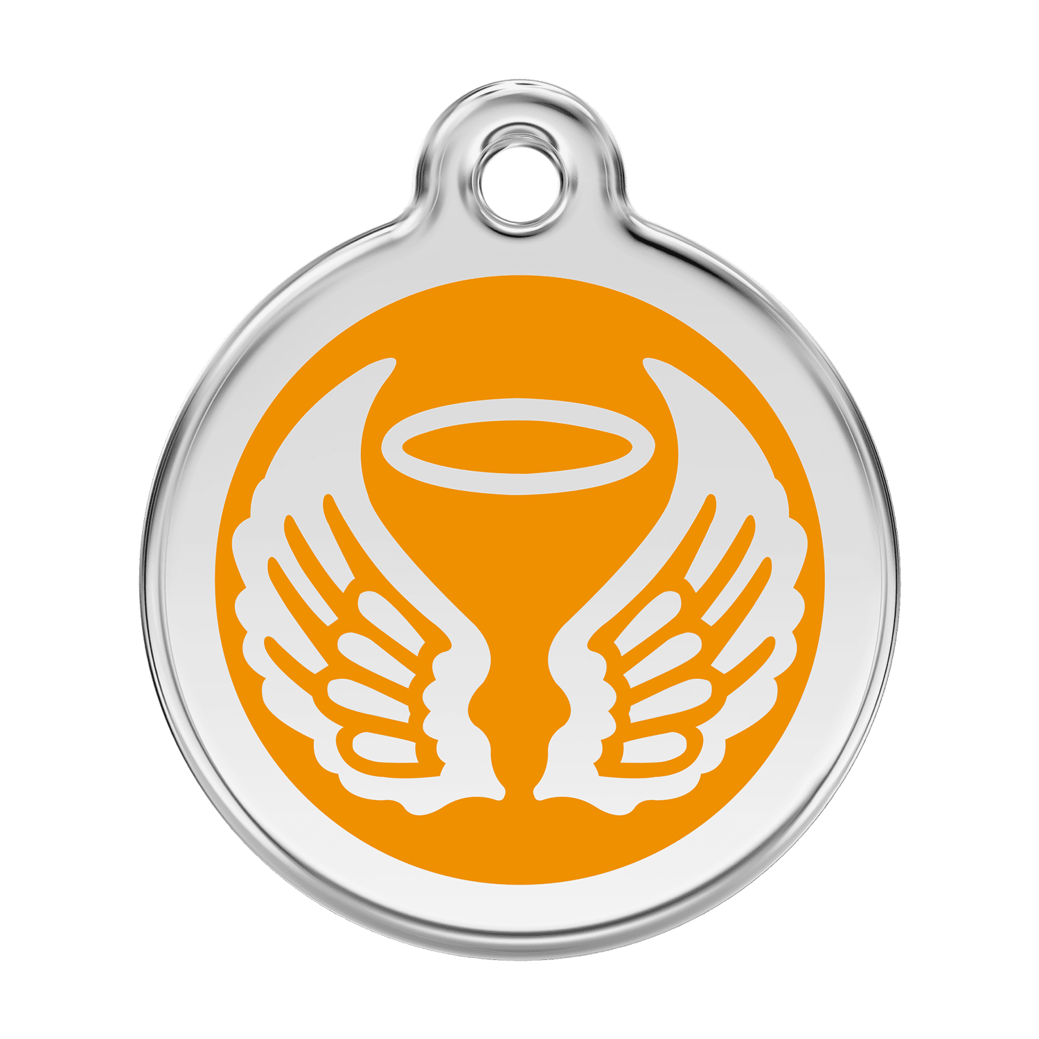 Vue avant - Médaille personnalisable pour chien Red Dingo Émail et acier inoxydable - Ailes d'anges - Orange - Talla L