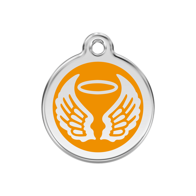 Vue avant - Médaille personnalisée pour chien Red Dingo Émail et acier inoxydable - Ailes d'anges - Orange - Talla M