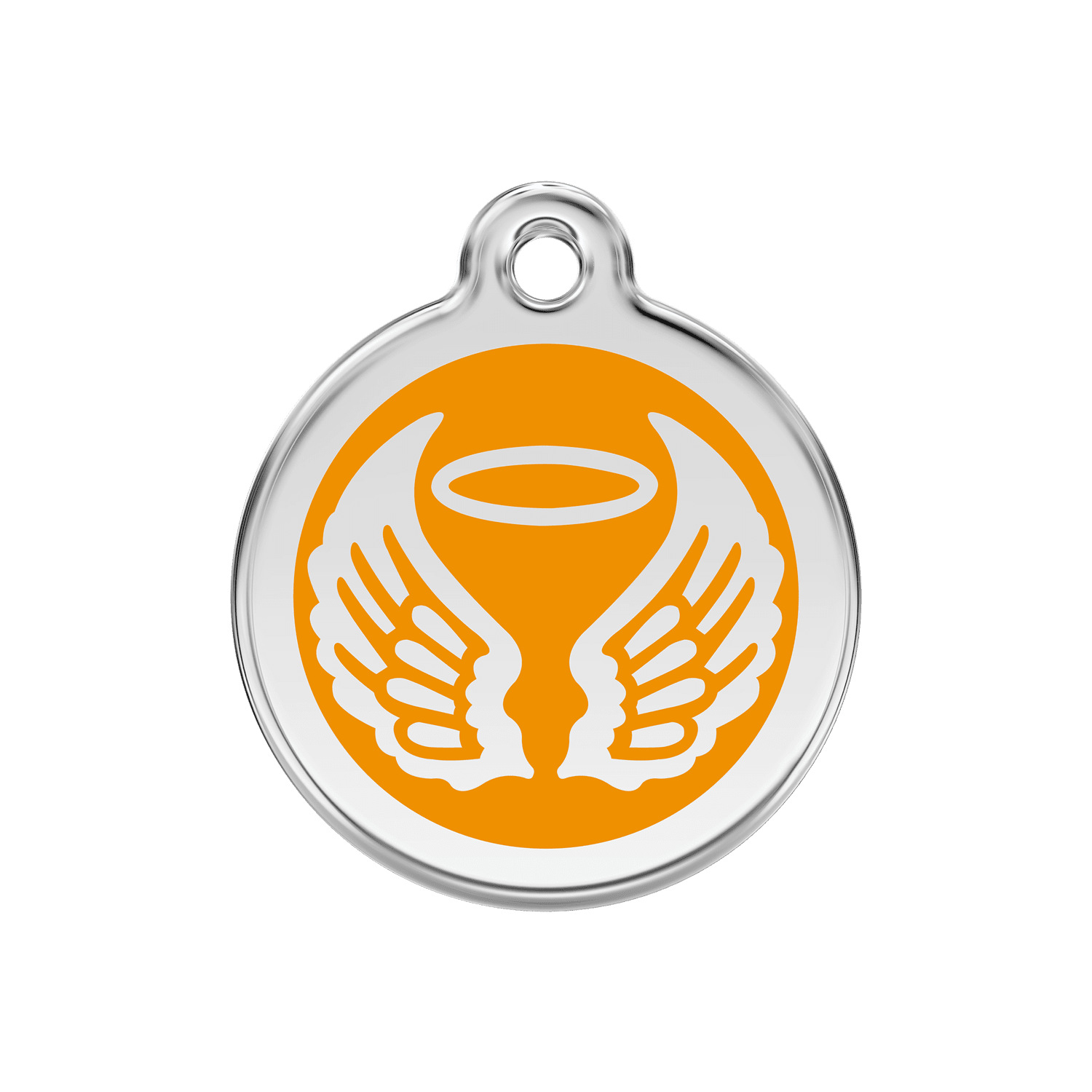 Vue avant - Médaille personnalisée pour chien Red Dingo Émail et acier inoxydable - Ailes d'anges - Orange - Talla M