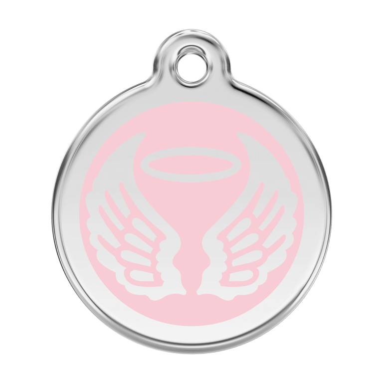 Vue avant - Médaille personnalisée pour chien - Red Dingo Émail et acier inoxydable - Ailes d'anges - Rose - Talla L