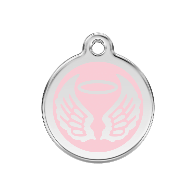 Vue avant - Médaille personnalisée pour chien Red Dingo Émail et acier inoxydable - Ailes d'anges - Rose - Talla M