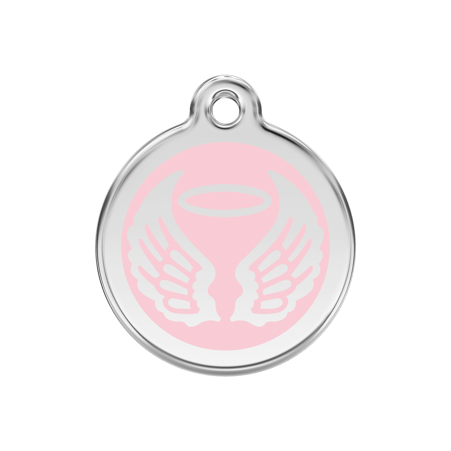 Vue avant - Médaille personnalisée pour chien Red Dingo Émail et acier inoxydable - Ailes d'anges - Rose - Talla M