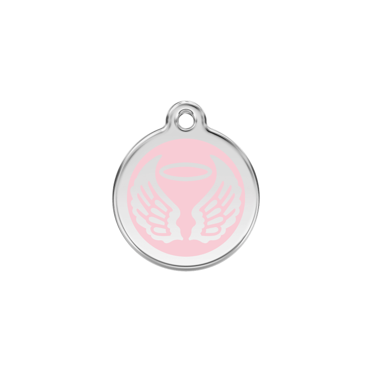 Vue avant - Médaille personnalisable pour chien/chat Red Dingo Émail et acier inoxydable - Ailes d'anges - Rose - Talla S
