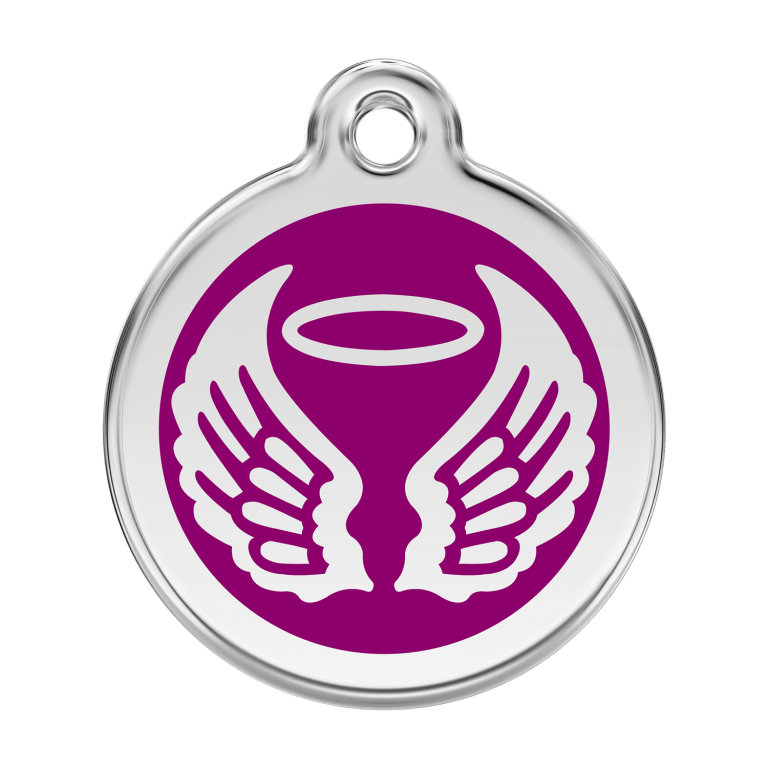 Vue avant - Médaille personnalisée pour chien ou chat - Red Dingo Émail et acier inoxydable - Ailes d'anges violet - Talla L