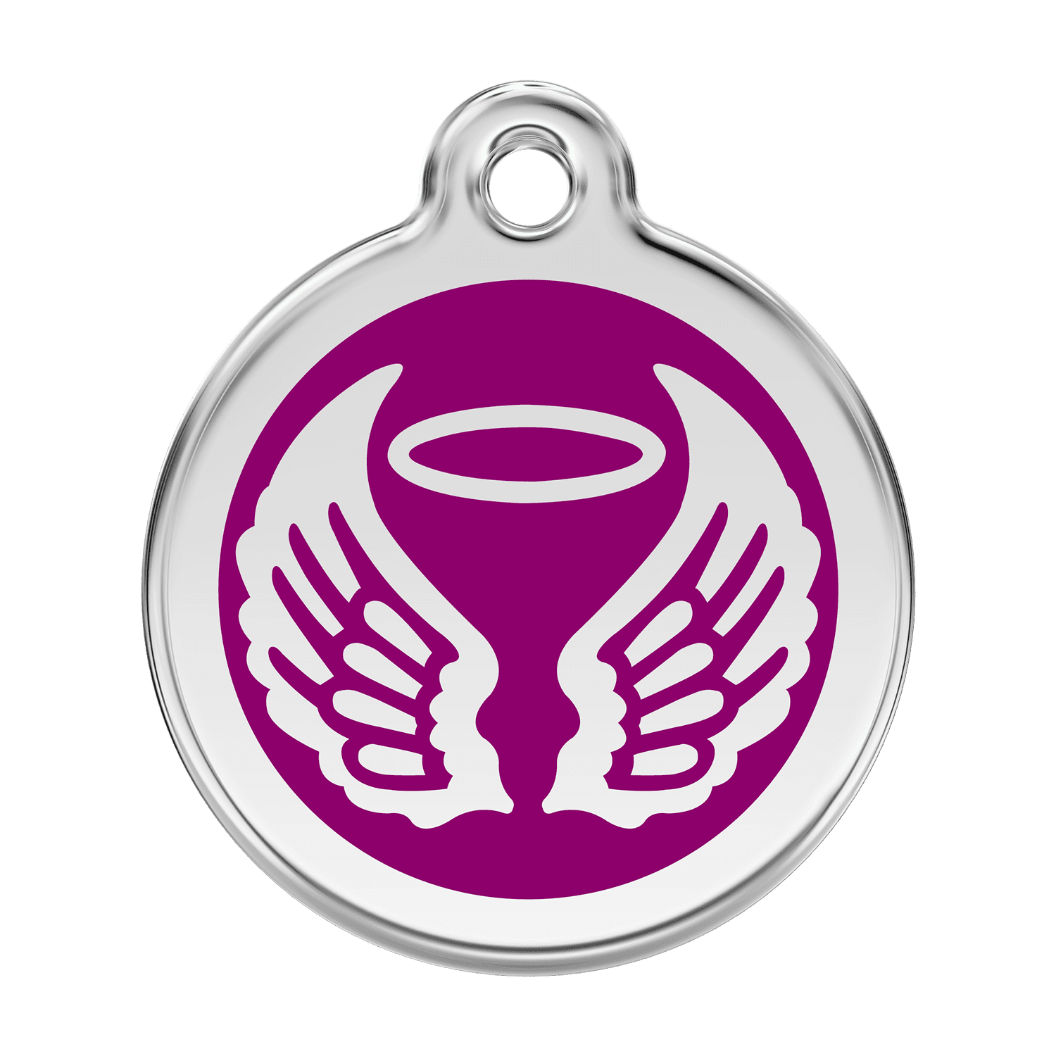 Vue avant - Médaille personnalisée pour chien ou chat - Red Dingo Émail et acier inoxydable - Ailes d'anges violet - Talla L