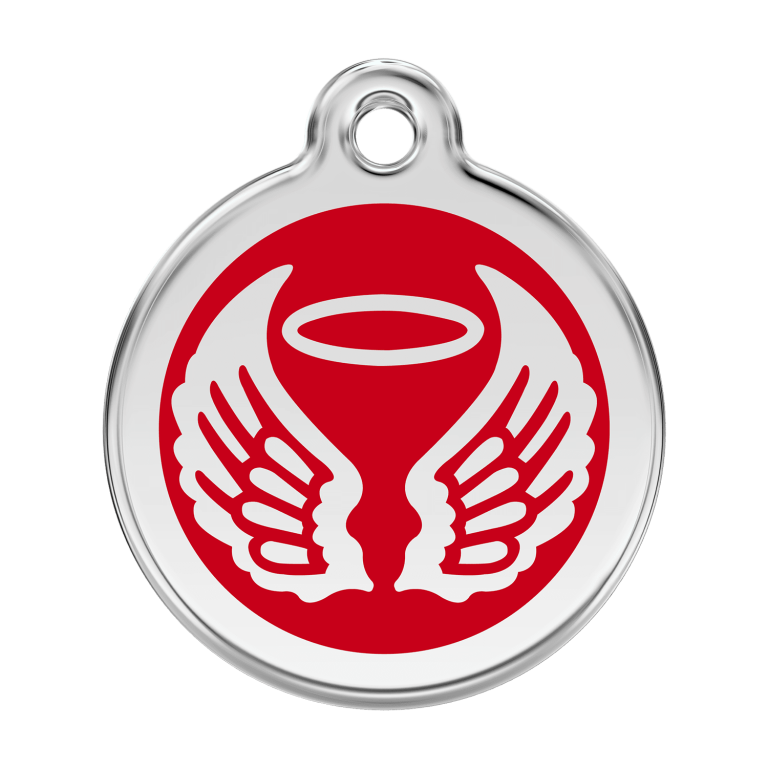 Vue avant - Médaille personnalisée pour chien Red Dingo Émail et acier inoxydable - Ailes d'anges - Rouge - Talla L