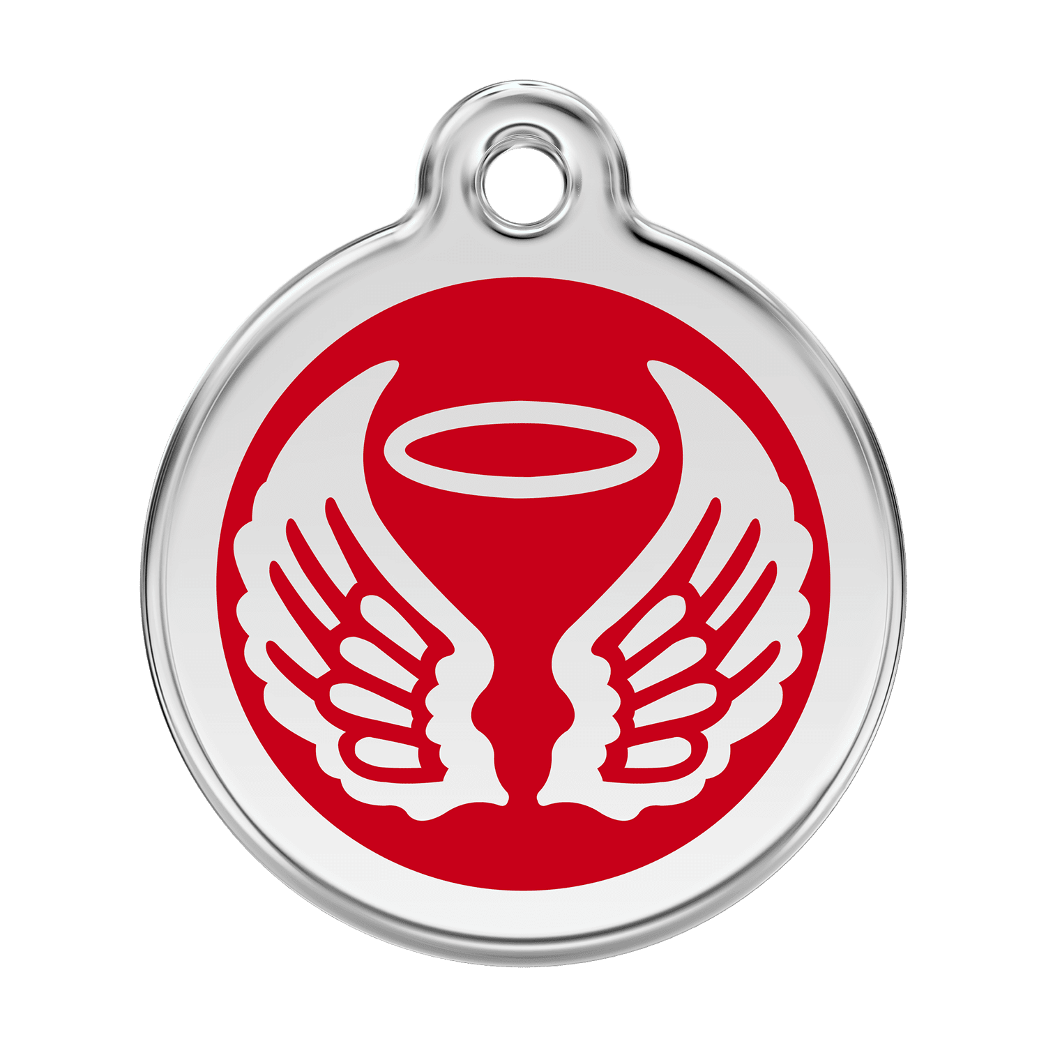Vue avant - Médaille personnalisée pour chien Red Dingo Émail et acier inoxydable - Ailes d'anges - Rouge - Talla L