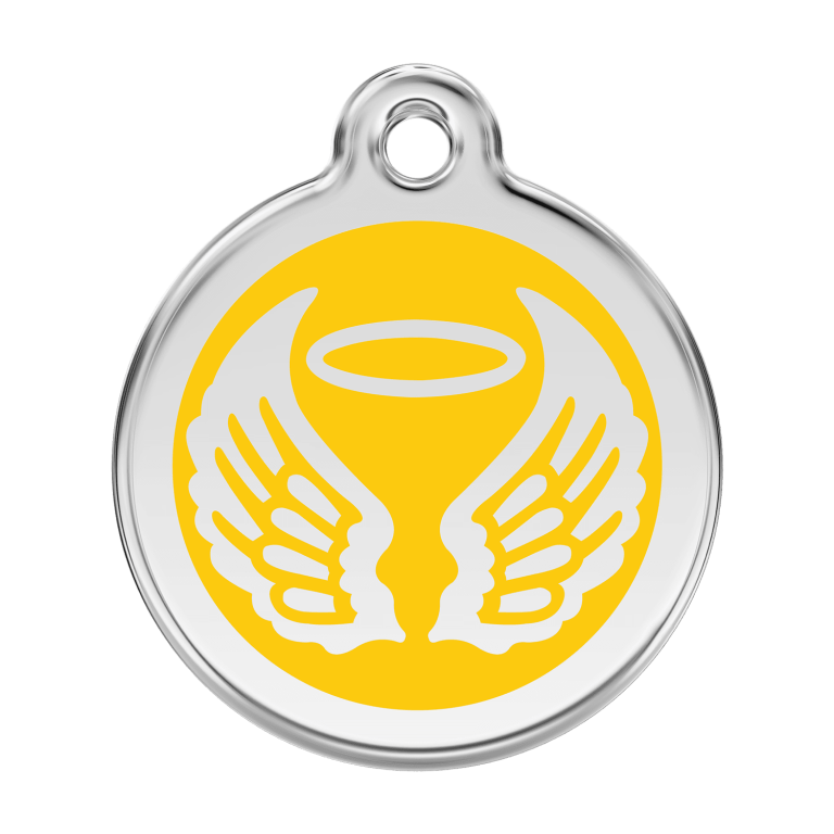 Vue avant - Médaille personnalisable pour chien Red Dingo Émail et acier inoxydable - Ailes d'anges jaunes - Talla L