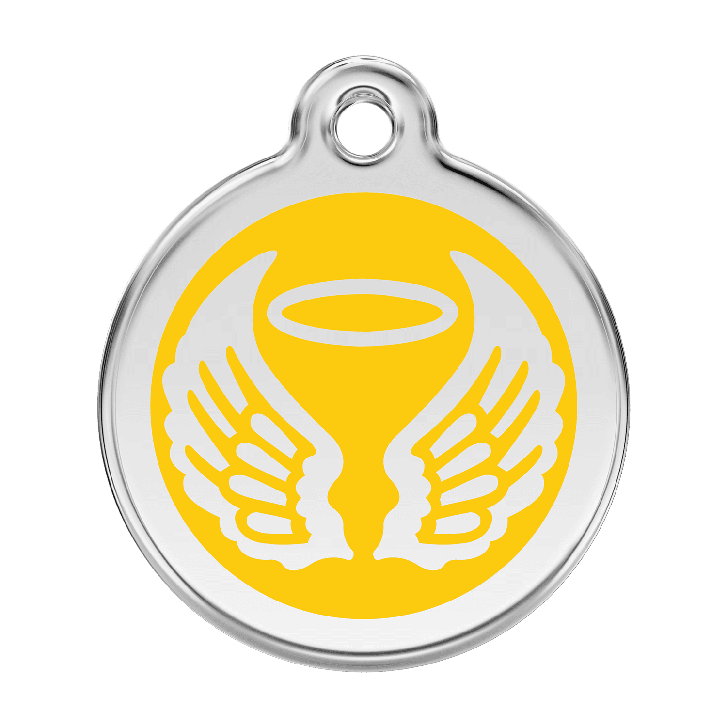 Vue avant - Médaille personnalisable pour chien Red Dingo Émail et acier inoxydable - Ailes d'anges jaunes - Talla L