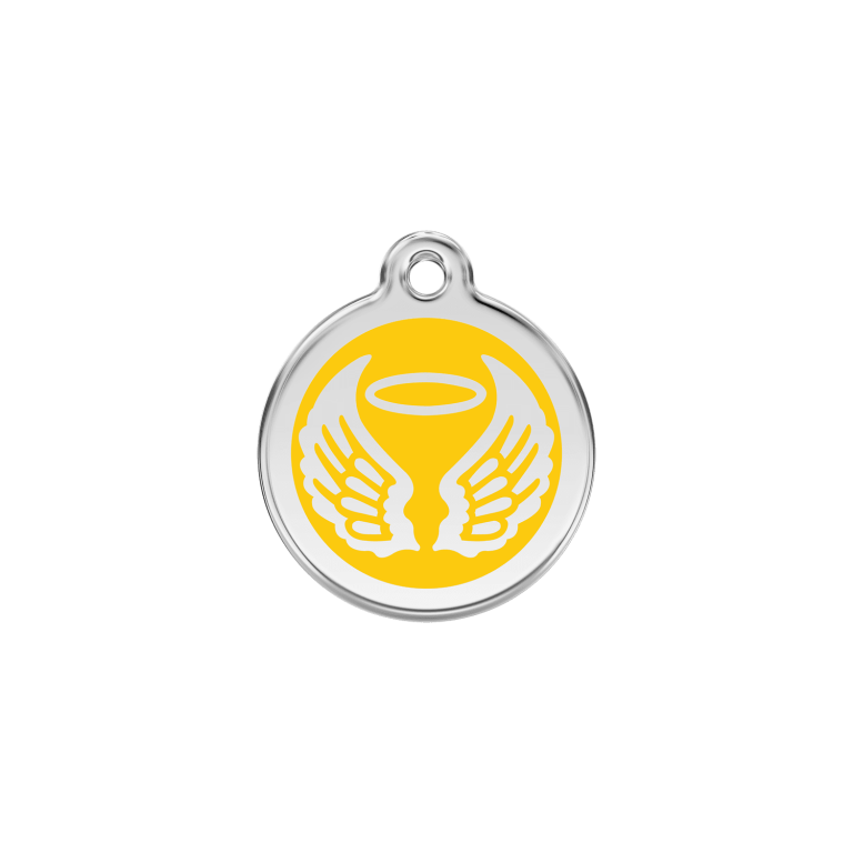 Vue avant - Médaille personnalisée pour chien/chat Red Dingo Émail/Acier inoxydable - Ailes d'anges Jaune - Talla S