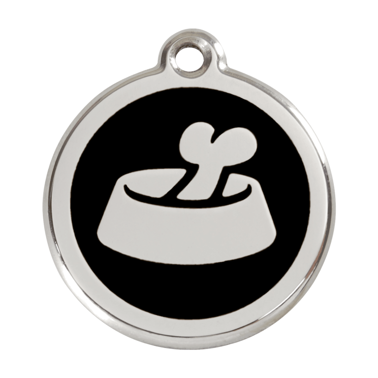 Vue avant - Médaille personnalisée pour chien en émail et acier inoxydable - Red Dingo - Motif os dans un bol - Noir - Talla L