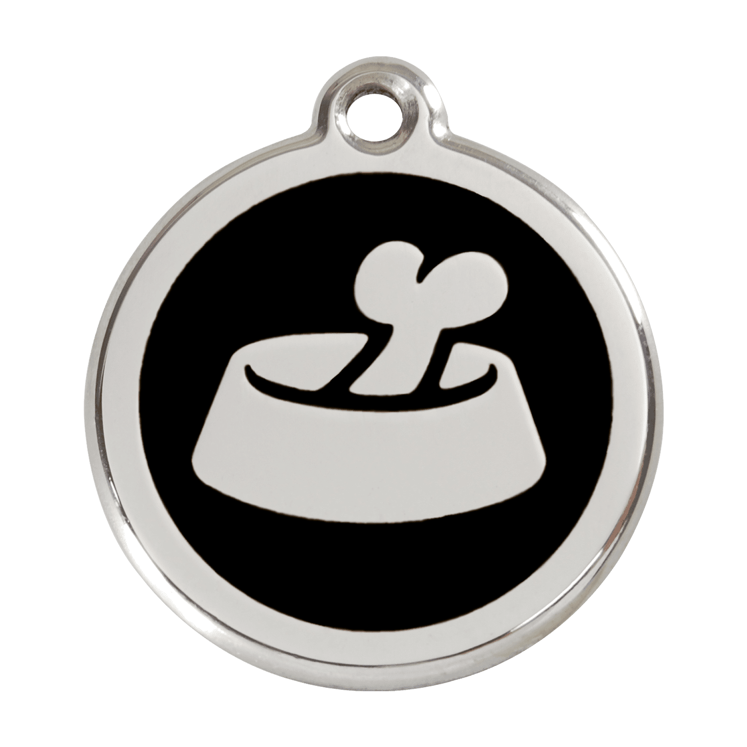 Vue avant - Médaille personnalisée pour chien en émail et acier inoxydable - Red Dingo - Motif os dans un bol - Noir - Talla L