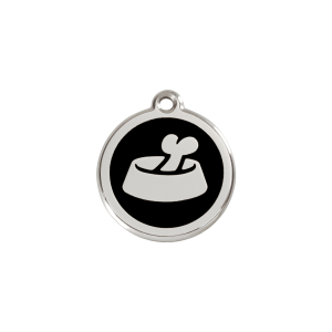 Placa para gato o perro pequeño esmalte negro y acero inoxidable diseño Hueso en cuenco S 20mm
