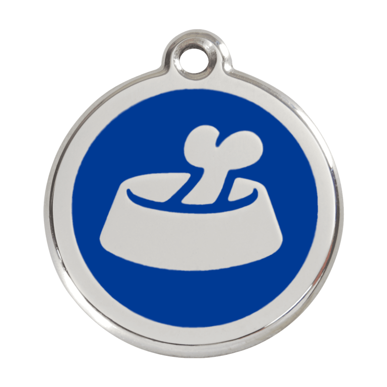 Vue avant - Médaille personnalisée pour chien Red Dingo - Os dans un bol - Bleu foncé - Talla L
