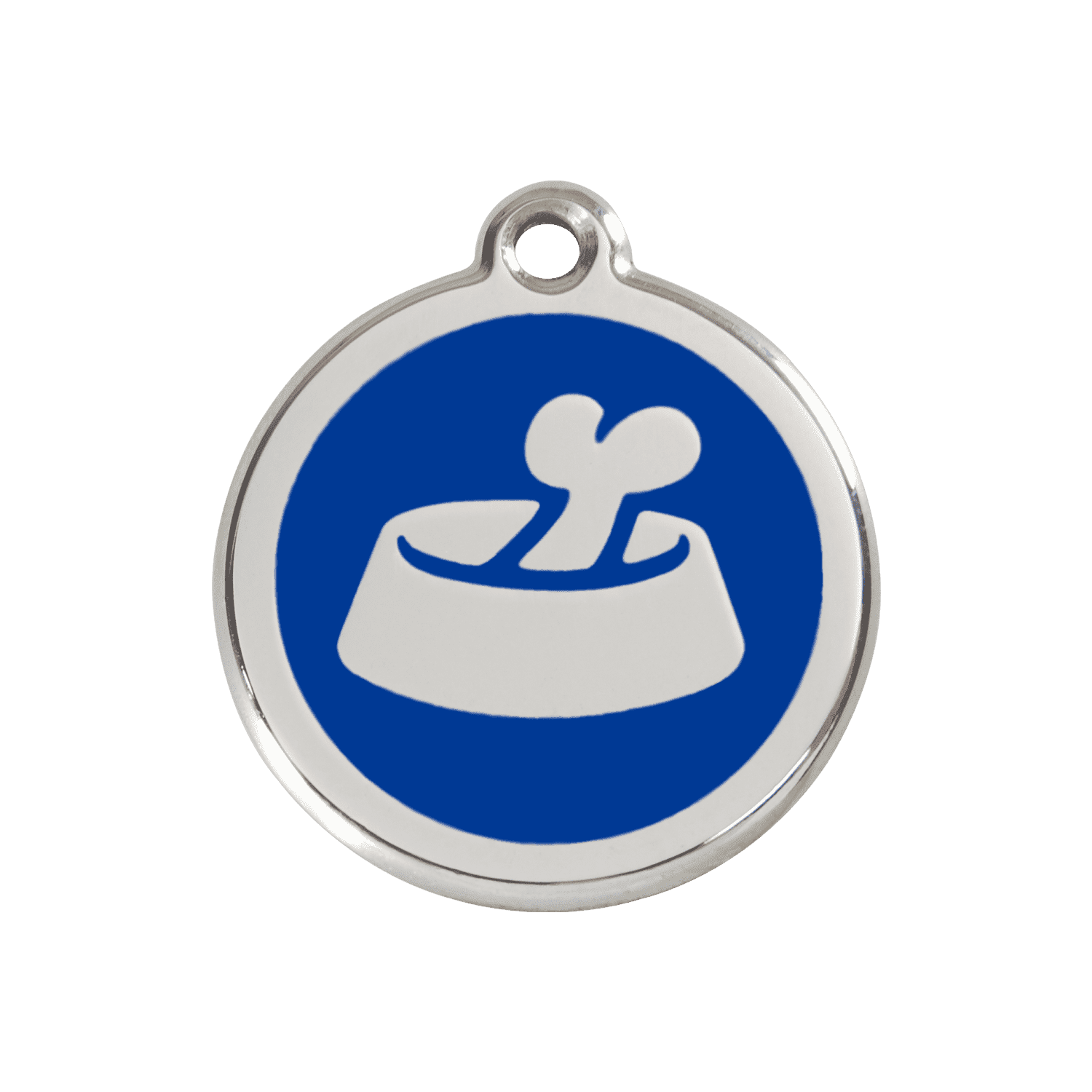 Vue avant - Médaille personnalisée en émail et acier inoxydable pour chien ou chat - Os dans un bol - Bleu foncé - Talla M