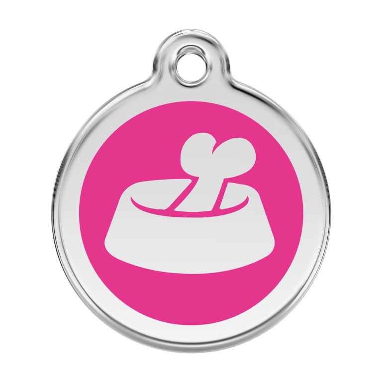 Vue avant - Médaille personnalisée pour chien Red Dingo Émail et acier inoxydable - Motif os dans un bol - Rose vif - Talla L