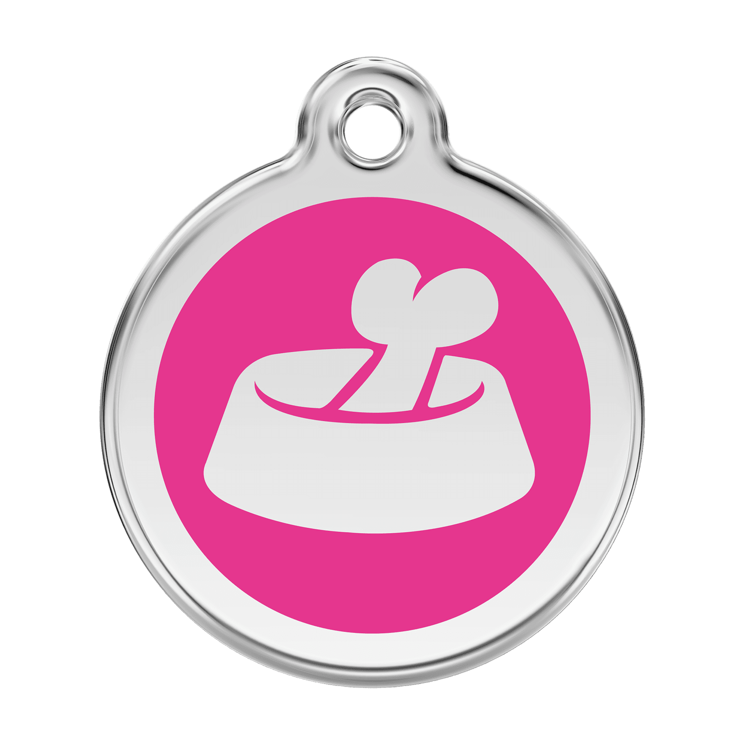 Vue avant - Médaille personnalisée pour chien Red Dingo Émail et acier inoxydable - Motif os dans un bol - Rose vif - Talla L