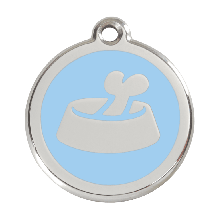 Vue avant - Médaille personnalisée pour chien Red Dingo Émail et acier inoxydable - Os dans un bol - Bleu clair - Talla L