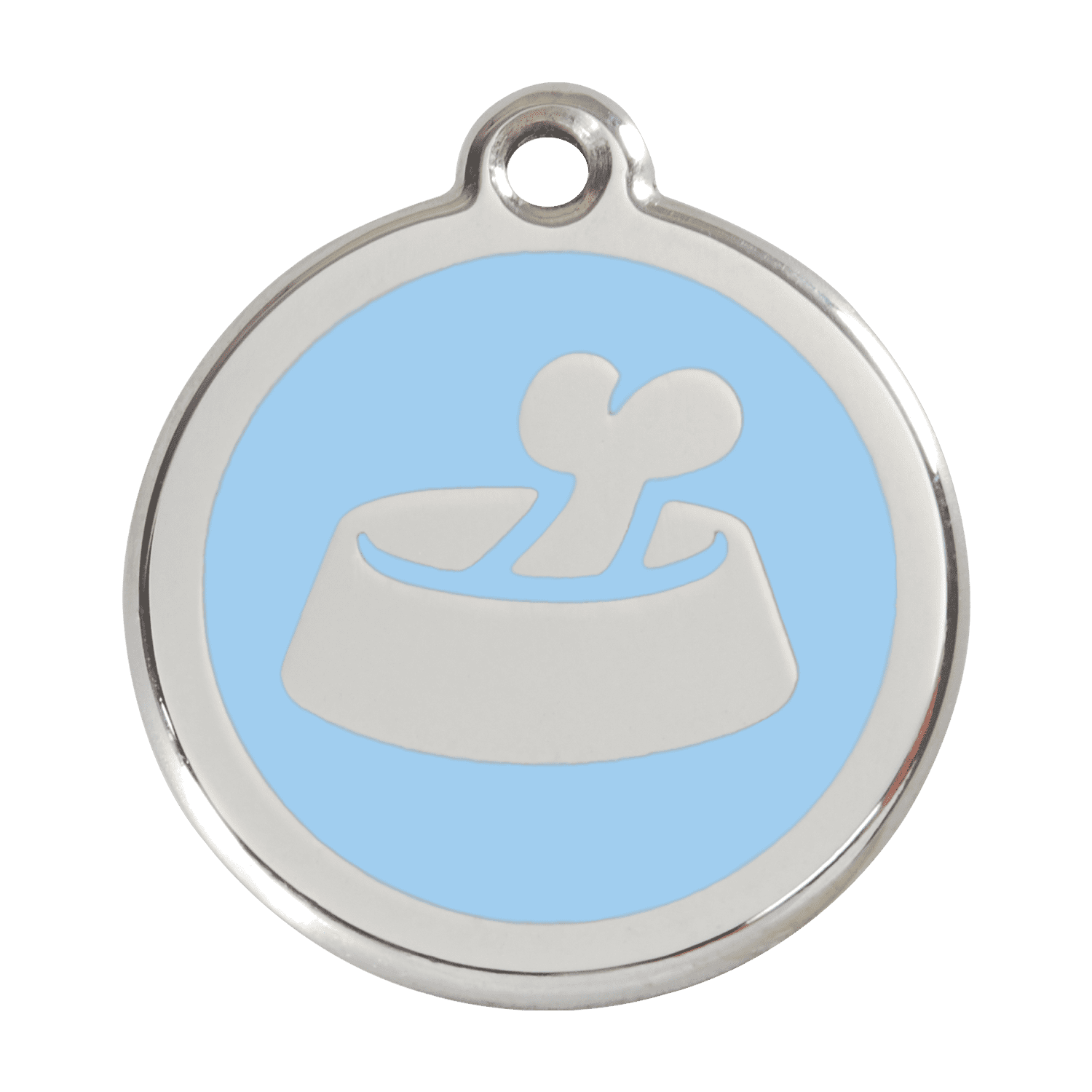 Vue avant - Médaille personnalisée pour chien Red Dingo Émail et acier inoxydable - Os dans un bol - Bleu clair - Talla L