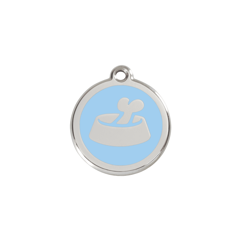 Vue avant - Médaille personnalisable pour chien/chat Red Dingo Émail/Acier inoxydable Os dans un bol Bleu clair - Talla S