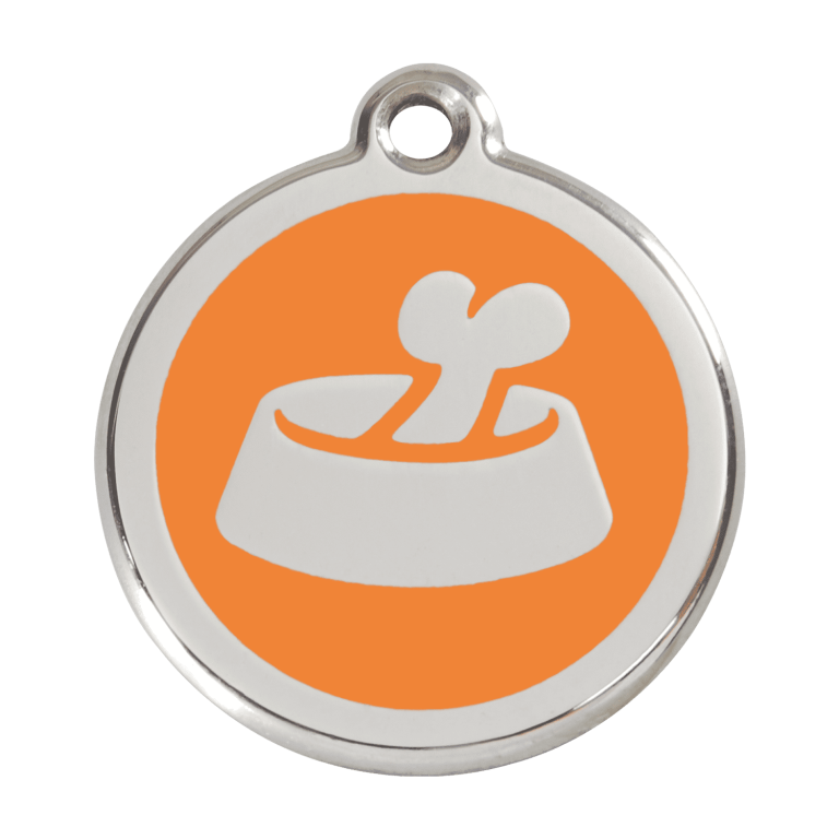 Vue avant - Médaille personnalisée pour chien Red Dingo Émail et acier inoxydable - Motif Os dans un bol - Orange - Talla L