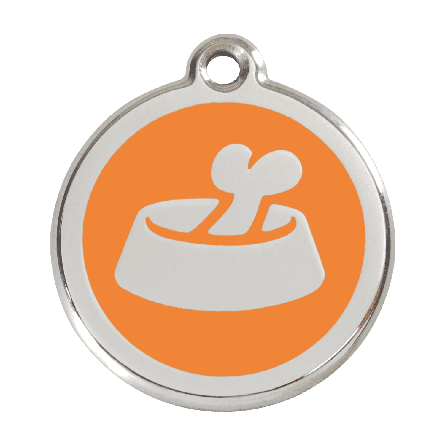 Vue avant - Médaille personnalisée pour chien Red Dingo Émail et acier inoxydable - Motif Os dans un bol - Orange - Talla L