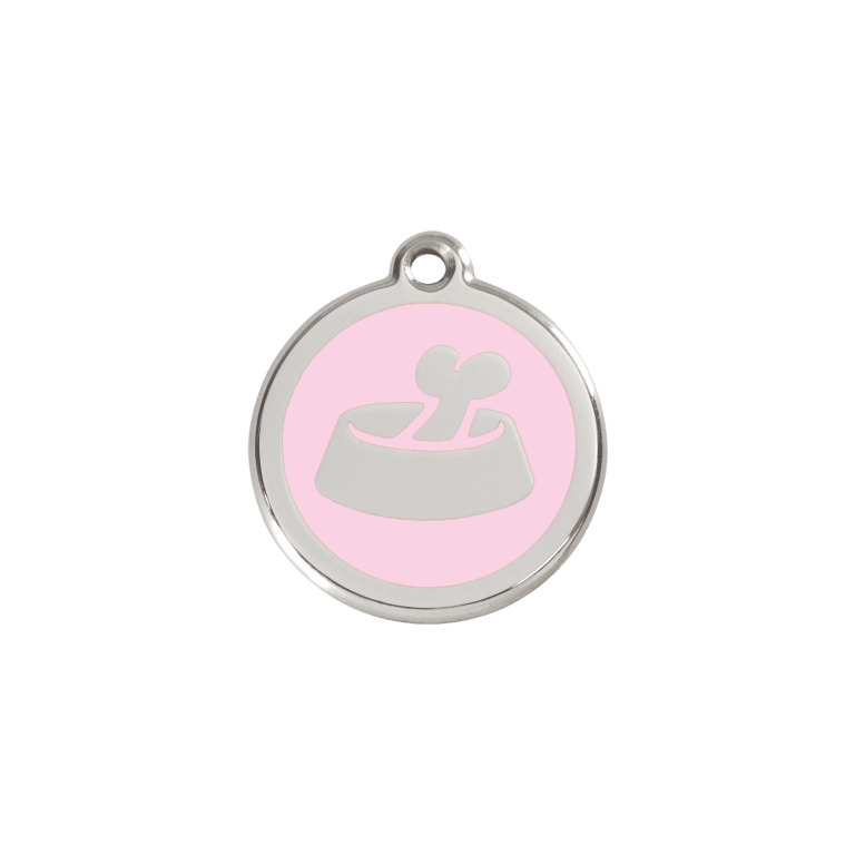 Vue avant - Médaille personnalisable pour chat ou petit chien - Red Dingo Émail et acier inoxydable - Os rose - Talla S